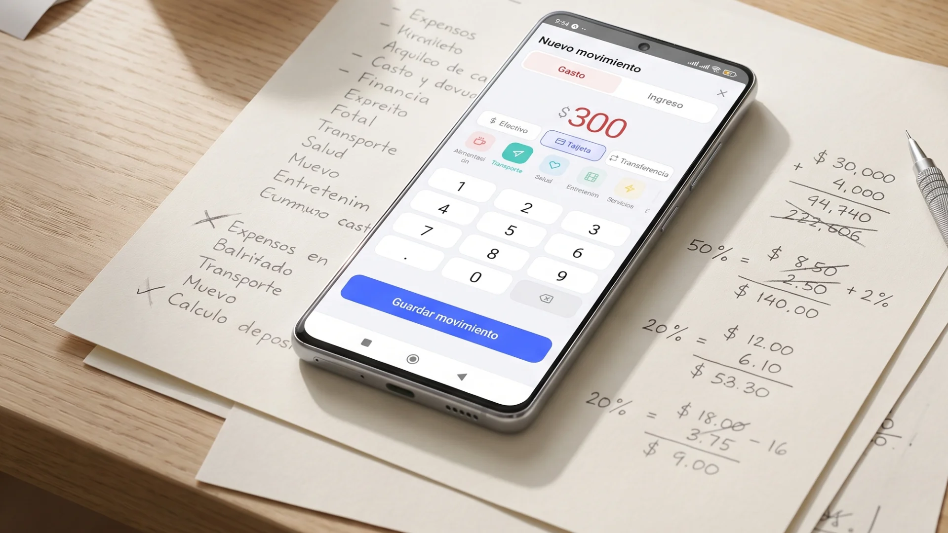 App de finanzas personales Finzya junto a comprobantes en papel con cálculos a mano