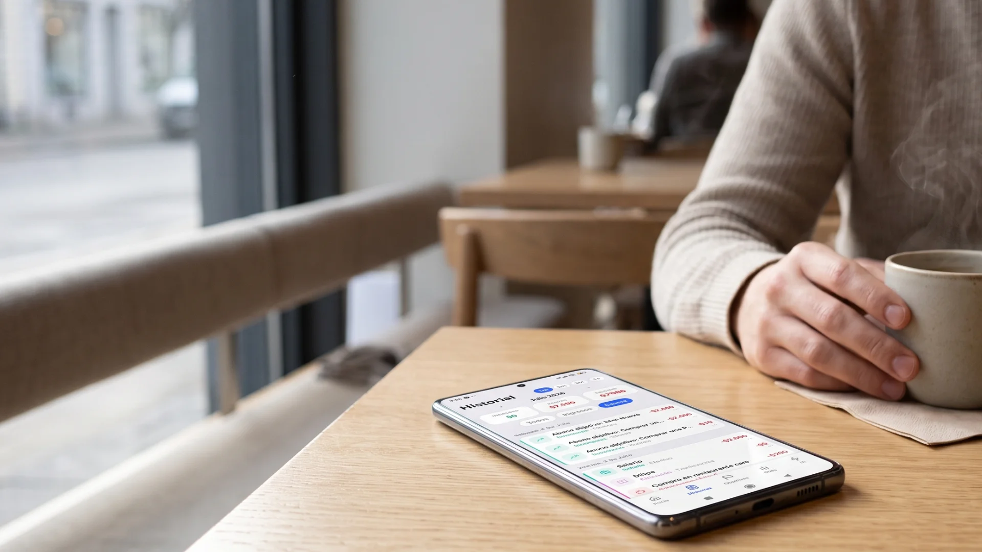 Persona revisando su historial de Finzya en un café