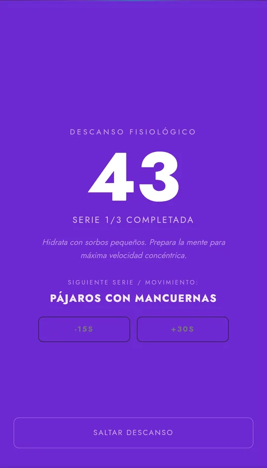 Pantalla de descanso con cuenta regresiva y el siguiente ejercicio