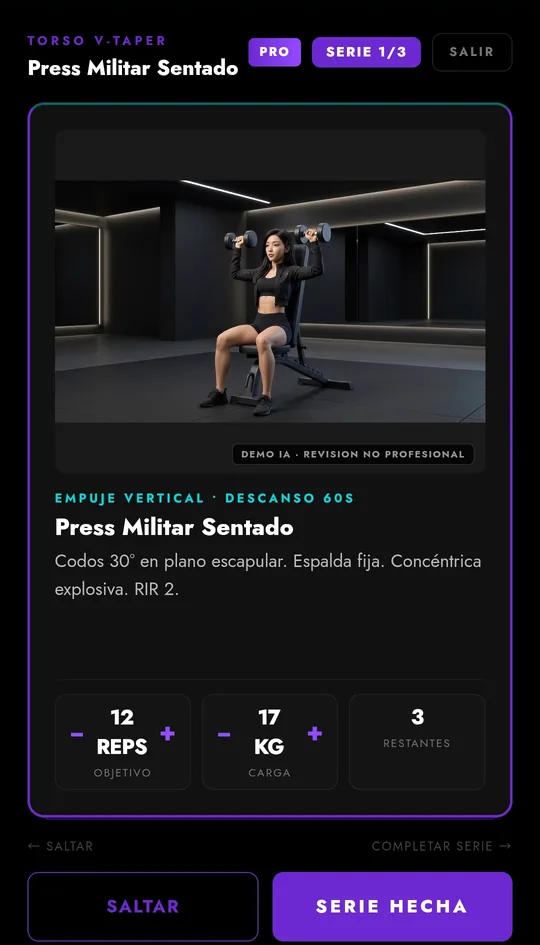 Tarjeta de ejercicio Press Militar Sentado con repeticiones, carga y series restantes